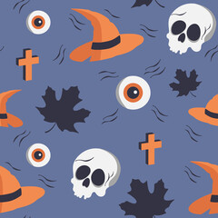 Vector Halloween seamless pattern. Background with skull, cross and witch hat for textile, fabric, print design.