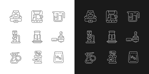 Coffee shop appliance linear icons set for dark and light mode. Espresso machine for cafe. Espresso making. Customizable thin line symbols. Isolated vector outline illustrations. Editable stroke