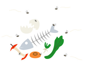 生ゴミの周りをコバエが飛び回っているイラスト