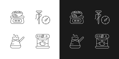 Appliance for coffee preparation linear icons set for dark and light mode. Weighing scales for beans. Customizable thin line symbols. Isolated vector outline illustrations. Editable stroke