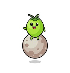 illustration of coconut cartoon sitting on the moon