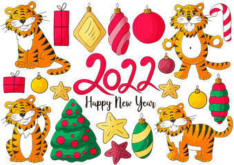 Symbol of 2022. Set of tigers and new year elements in hand draw style. Collection