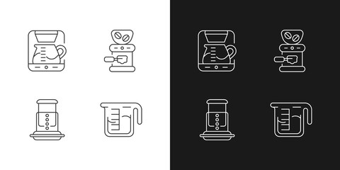 Coffee shop machine linear icons set for dark and light mode. Professional drip machine. Espresso making. Customizable thin line symbols. Isolated vector outline illustrations. Editable stroke
