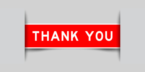 Label sticker red color in word thank you that inserted in gray background