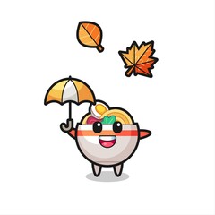 cartoon of the cute noodle bowl holding an umbrella in autumn