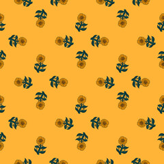 Geometric style floral seamless pattern with ornate sunflower print. Pastel orange background.