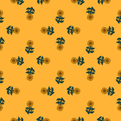 Geometric style floral seamless pattern with ornate sunflower print. Pastel orange background.