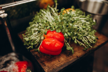 the table is decorated with fresh vegetables