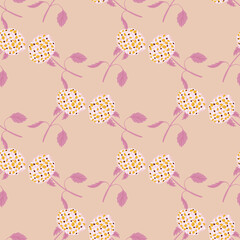 Cute summer seamless pattern with doodle hydrangea flowers silhouettes. Pastel pink background.