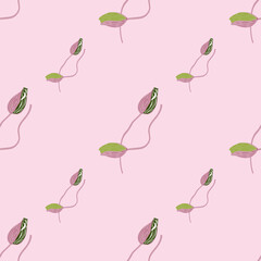 Minimalistic style seamless pattern with diagonal poppy bud flowers shapes. Light pink background. Bloom print.