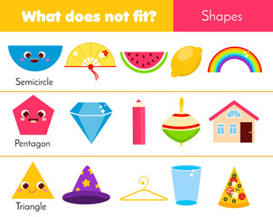 Educational children game. What does not fit type. learning geometric shapes in life. Worksheet for kids and toddlers - obrazy, fototapety, plakaty