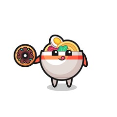 illustration of an noodle bowl character eating a doughnut