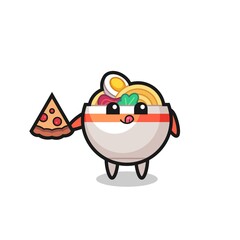cute noodle bowl cartoon eating pizza