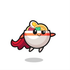 cute noodle bowl superhero character is flying