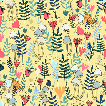 Seamless pattern with funny female gnome sleeping in the forest. Fairy tale elf girl in red hat, berries, mushrooms, flowers. Vector illustration for children