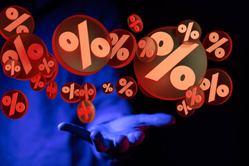 Exploding discount cubes with percent symbols 3d.