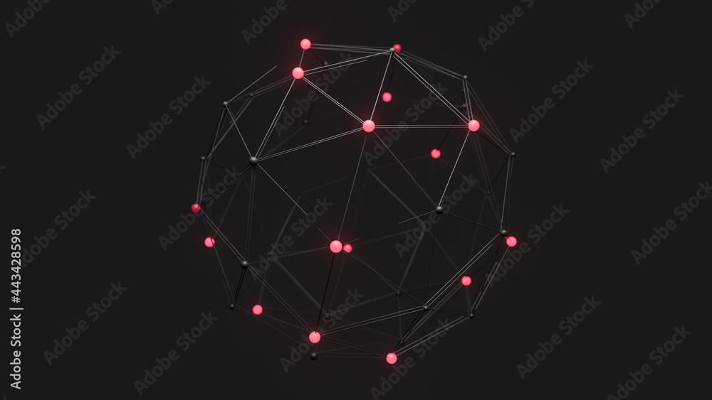 Poster low poly sphere structure with glowing vertices and bokeh effect. technology concept 3d render.