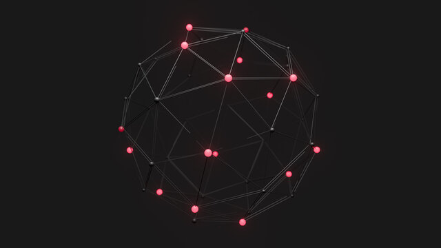 Low poly sphere structure with glowing vertices and bokeh effect. Technology concept 3d render.