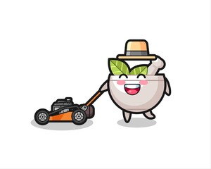 illustration of the herbal bowl character using lawn mower