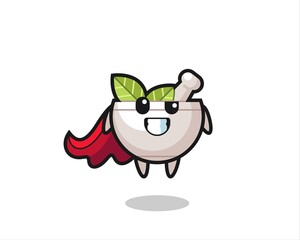the cute herbal bowl character as a flying superhero