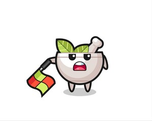 herbal bowl character as line judge hold the flag down at a 45 degree angle
