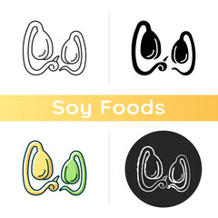 Soy sprouts icon. Culinary ingredient growing. Healthy micro greens. Vegetarian meals preparing. Natural soy beans. Linear black and RGB color styles. Isolated vector illustrations