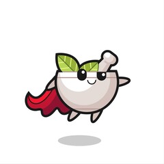 cute herbal bowl superhero character is flying
