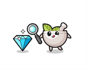herbal bowl mascot is checking the authenticity of a diamond