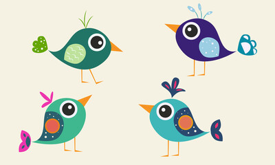 A set of birds. Birds in flight. Cartoon birds. Multicolored birds.