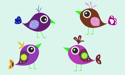 Set of cartoon birds. Birdie. Birds in flight. Multicolored birds.