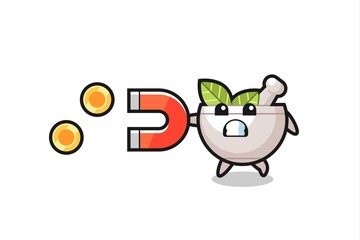 the character of herbal bowl hold a magnet to catch the gold coins