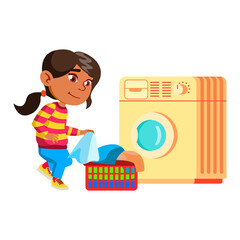 Girl Child Doing Laundry Housework Routine Vector. Lady Kid Prepare Clothes For Washing In Laundry Machine. Character Infant Helper Domestic Chore Occupation Flat Cartoon Illustration