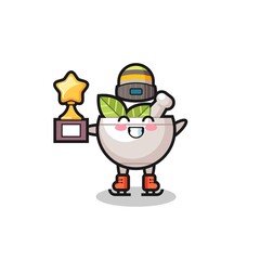 herbal bowl cartoon as an ice skating player hold winner trophy