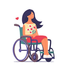 Young beautiful woman in a wheelchair. In the hands of a presented bouquet of flowers. Happy face in love. Life with disabilities. Vector cartoon isolated illustration