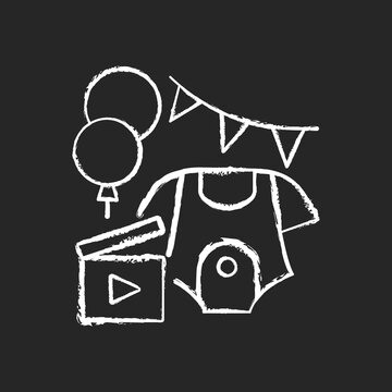 Baby Shower Party Video Chalk White Icon On Dark Background. Newborn Gender Reveal Vlog. Child Birth Announcement Video. Virtual Baby Shower. Isolated Vector Chalkboard Illustration On Black