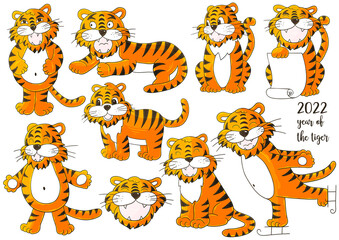 Set of tigers in hand draw style. Symbol of 2022. Faces of tigers. New Year 2022