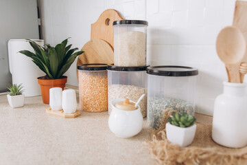 Modern  kitchen with zero waste food and dishes cleaning items. Sustainable lifestyle concept.