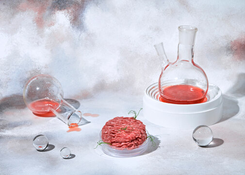 Cultivated Steak, Meat From The Plant Stem Cell, New Food Innovation, No Killing. Laboratory Grown Meat Background