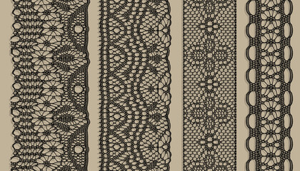 Black Trim Lace Ribbon on brown background. Jacquard Mesh Lace Fabric.