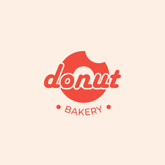 Minimalist logo or emblem for donut shop and bakery. Bright vector design with bitten donut. Identity. Business Card.
