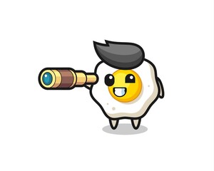 cute fried egg character is holding an old telescope