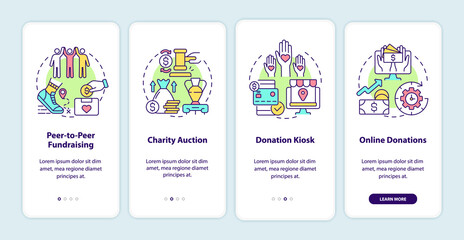 Fundraising events ideas onboarding mobile app page screen. Charity auction walkthrough 4 steps graphic instructions with concepts. UI, UX, GUI vector template with linear color illustrations
