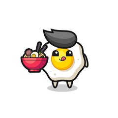 cute fried egg character eating noodles
