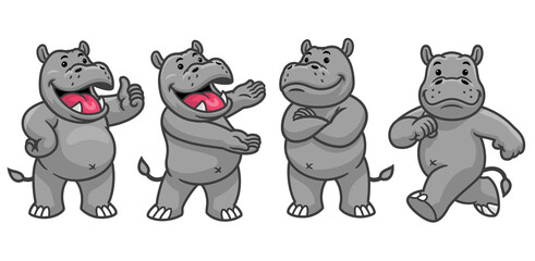 set cartoon character of funny hippo - obrazy, fototapety, plakaty
