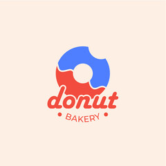 Minimalist logo or emblem for donut shop and bakery. Bright vector design with bitten donut. Identity. Business Card.