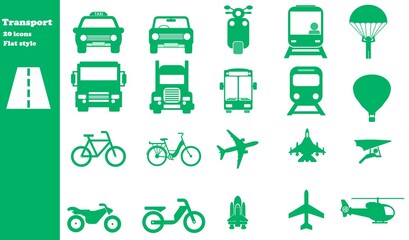Transport routier et aérien en 20 icônes vertes, collection