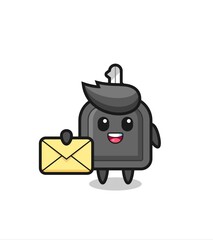 cartoon illustration of car key holding a yellow letter