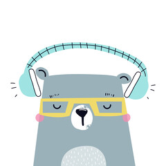 Funny bear listening to music. Kids print. Vector hand drawn illustration. - 443433749