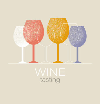 Wine tasting concept. Invitation template for an event, festival, party. Modern graphic design, poster, list, menu for restaurant, bar. Red or white wine glass. Isolated vector illustration