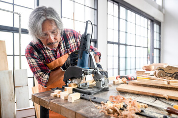 professional carpenter man working with woodwork industry tool construction, craftsman person workshop with timber and equipment wood work